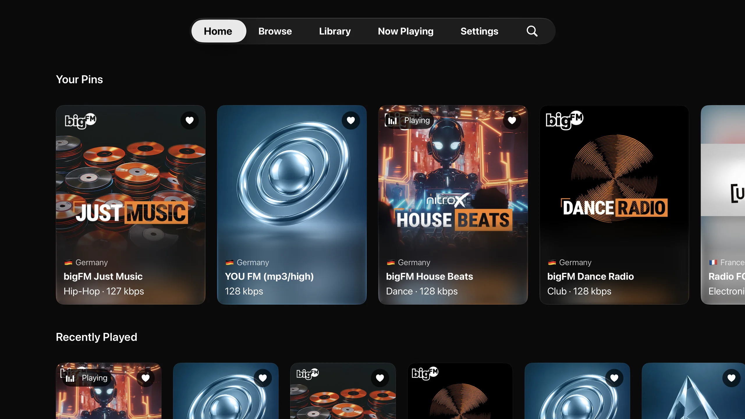 TuneDip Home on Apple TV, with station artwork in Your Pins and a Recently Played row.